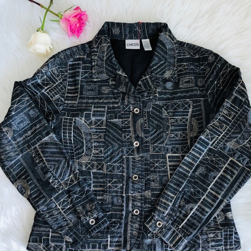Chicos Size 2 100%  Cotton Jacket Blazer Black